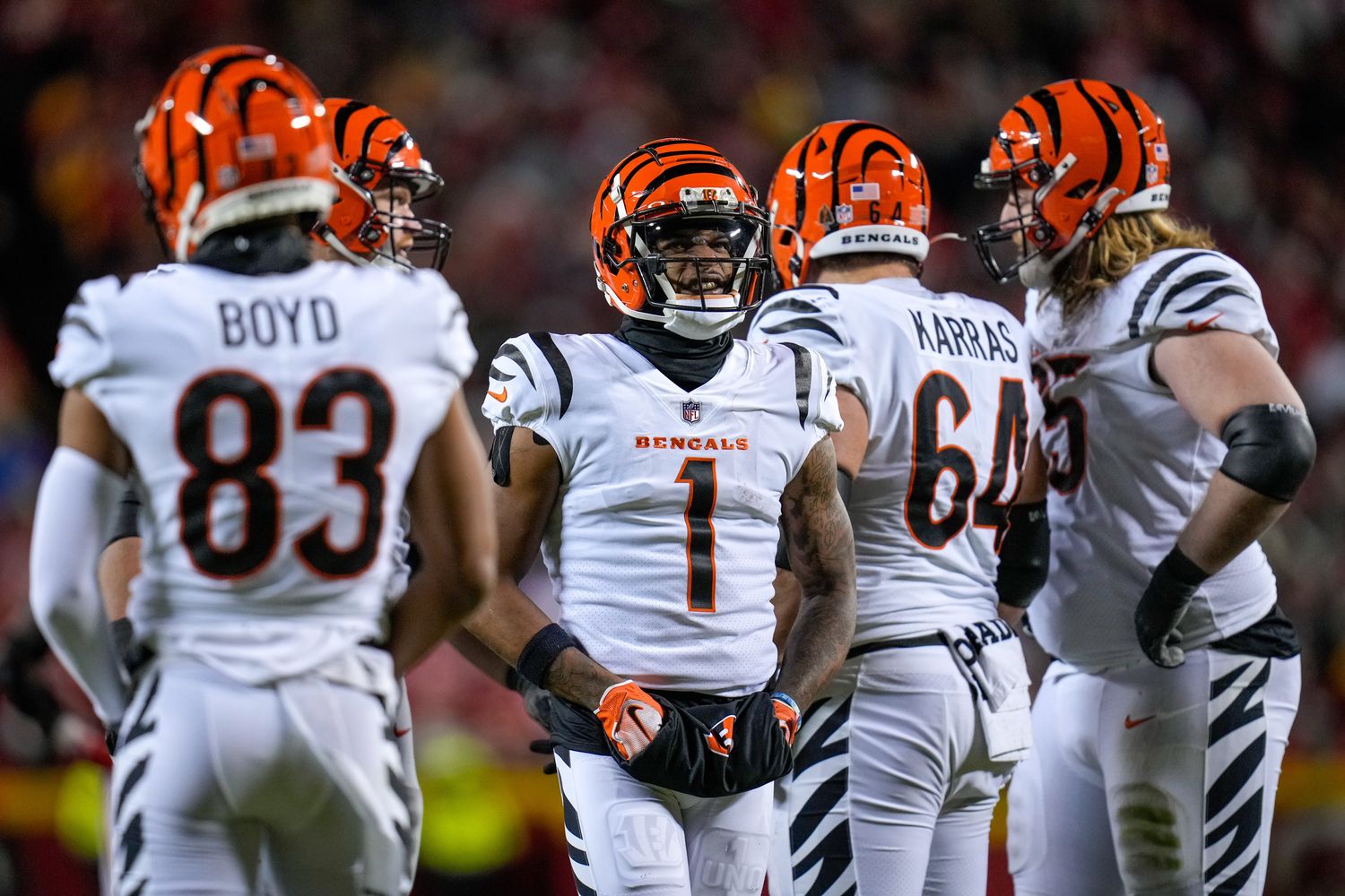 Cincinnati Bengals wide receiver Ja'Marr Chase (1) reacts as he watches the big screen in the fourth quarter of the NFL Week 17 game between the Kansas City Chiefs and the Cincinnati Bengals at Arrowhead Stadium in Kansas City, Mo., on Sunday, Dec. 31, 2023. The Chiefs won 25-17 to clinch the AFC West Championship.